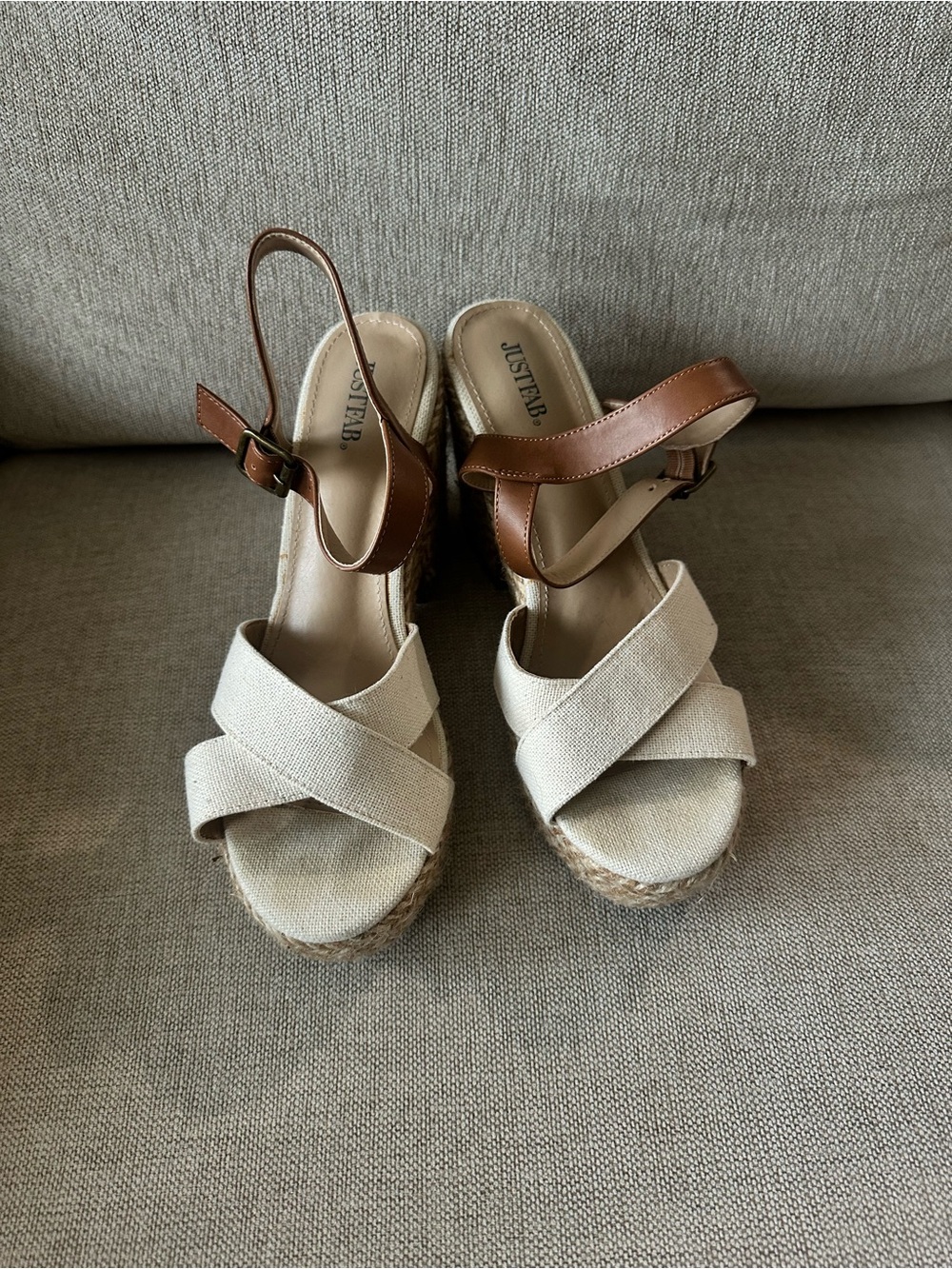 JustFab Beige Canvas and Brown Leather Espadrille Wedges